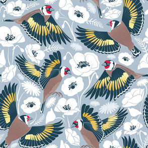 Goldfinches flying over white poppies // normal scale // blue grey background