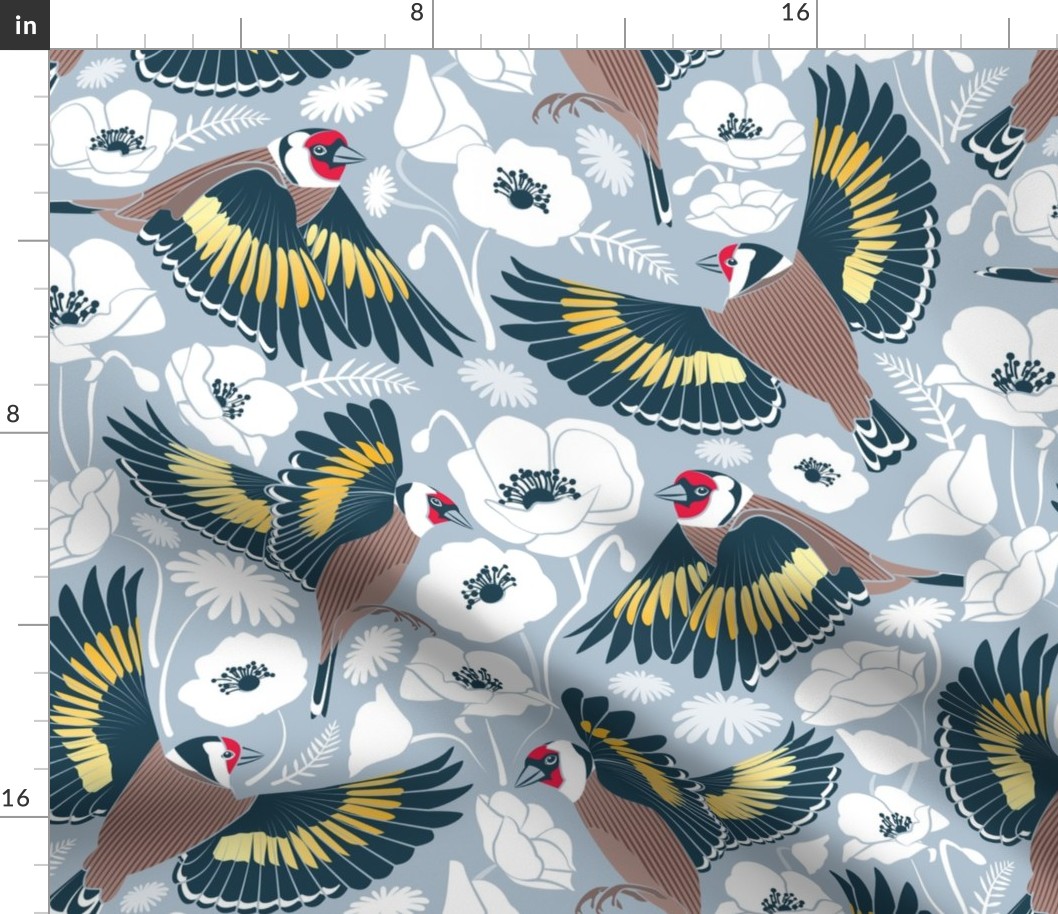 Goldfinches flying over white poppies // normal scale // blue grey background