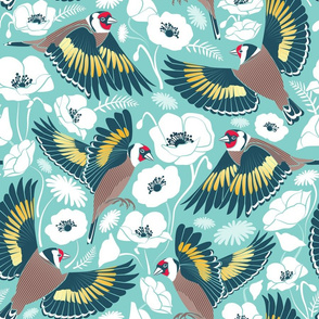 Goldfinches flying over white poppies // normal scale // aqua background navy and yellow birds