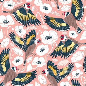 Goldfinches flying over white poppies //  normal scale // flesh background navy and yellow birds