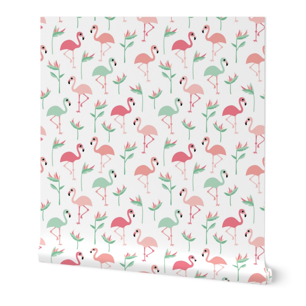 Birds of paradise botanical flower garden and flamingo beach Hawaii summer theme pink mint jumbo