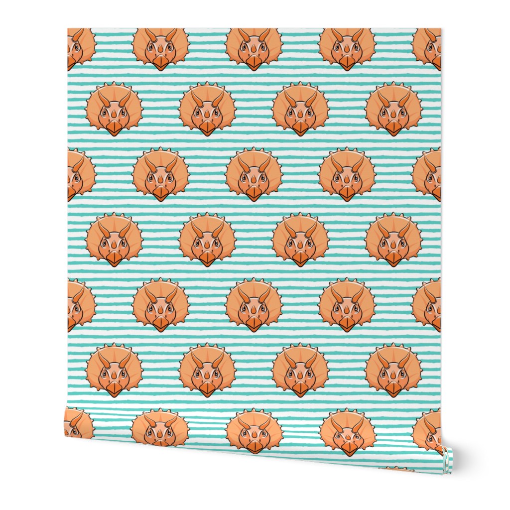 Triceratops - orange on teal stripes - dinosuar