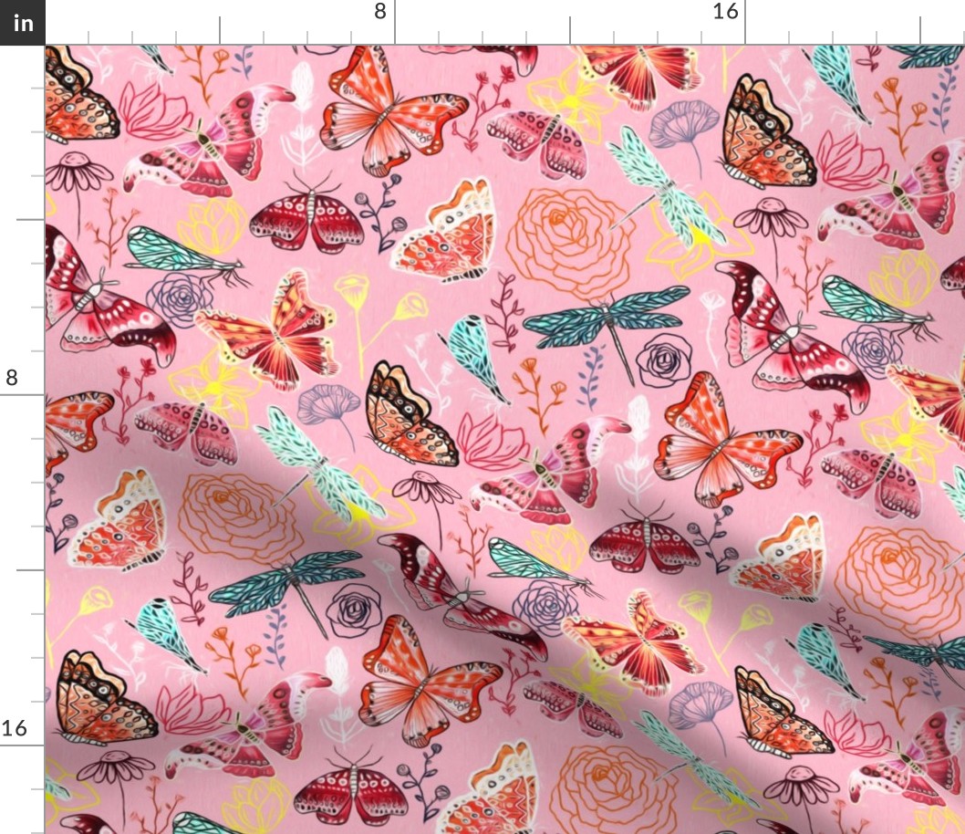 Dragonflies, Butterflies And Moths On Blush With Teal And Coral - Big