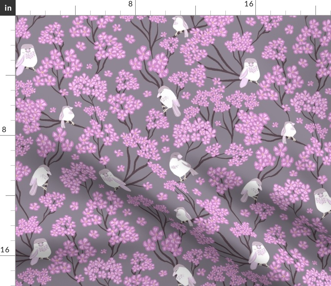 Sparrows and Blossoms on Grey