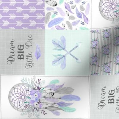 3" BLOCKS Dream Big Dream Catchers Patchwork Quilt Top – Wholecloth for Girls Purple Lavender Grey Feathers Nursery Blanket Baby Bedding - ROTATED