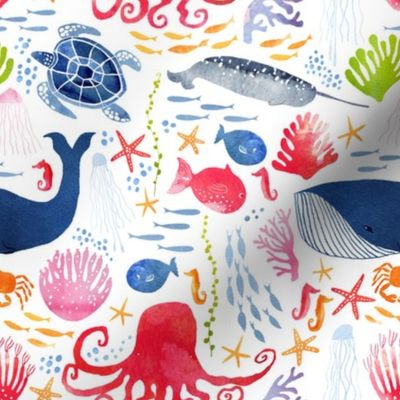 Watercolour sea life - ocean creatures pattern - large scale