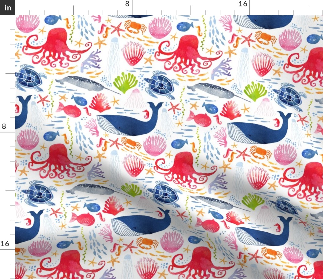 Watercolour sea life - ocean creatures pattern - large scale