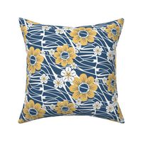 Hawaiian Floral in Blue and Yellow on White Waves 