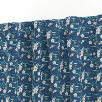 Hawaiian Floral on Waves in Blue and Yellow