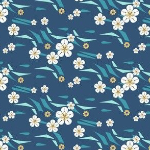 Hawaiian Floral on Waves in Blue and Yellow