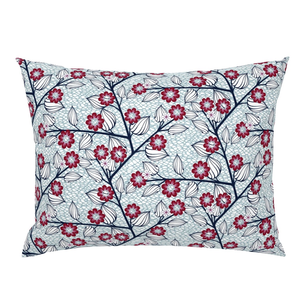 Flowers on Netting, Navy, Red 