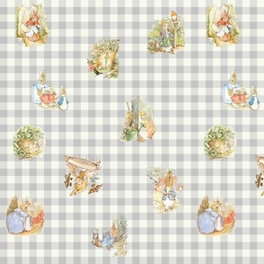 Gray Gingham Beatrix Potter Tossed Characters Large Scale