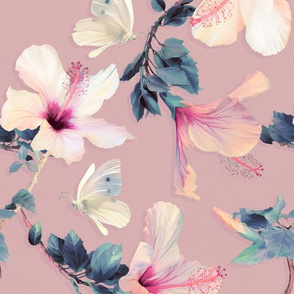 Butterflies and Hibiscus Flowers in vintage pink - large print
