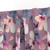 Butterflies and Hibiscus Flowers in Soft Plum - large print