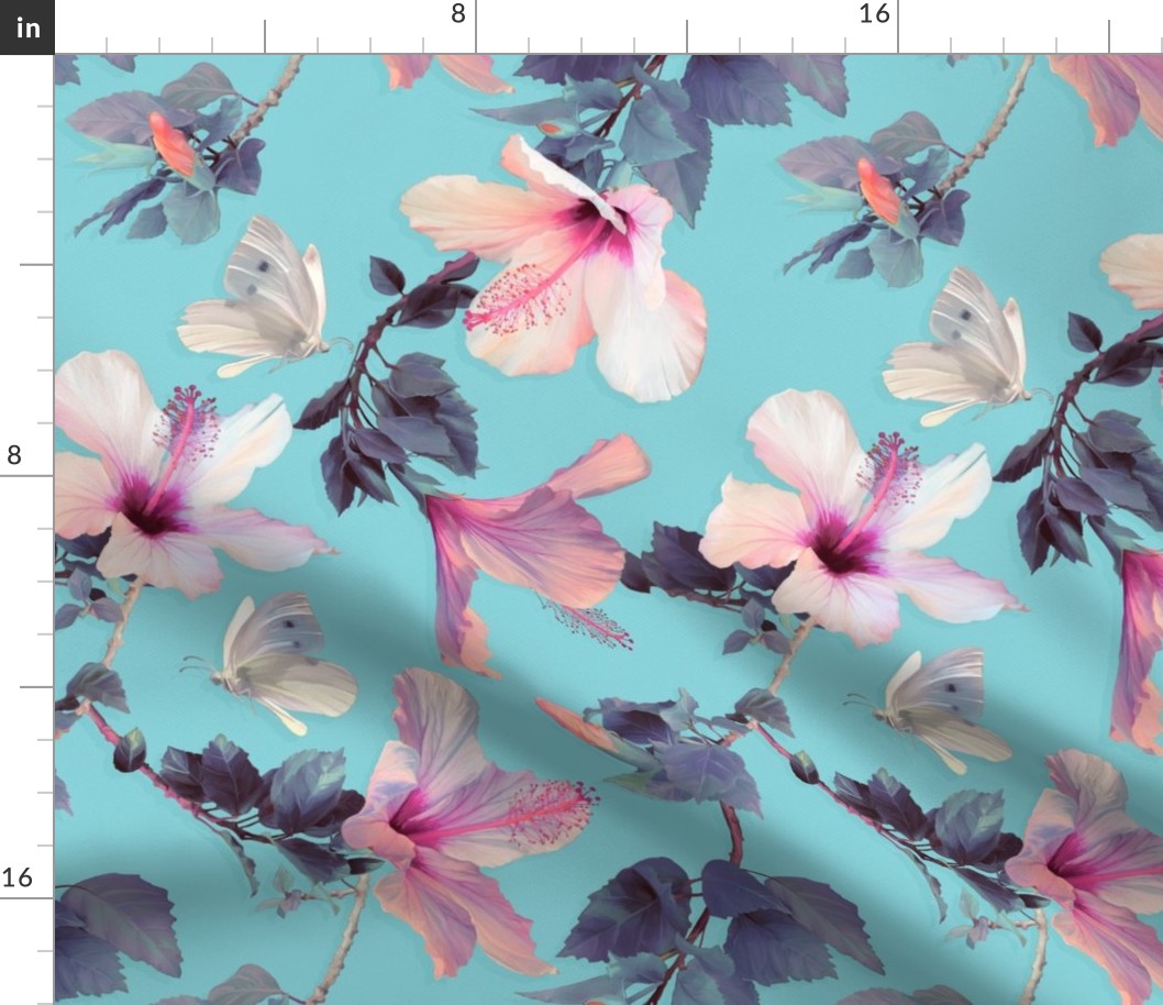 Butterflies and Hibiscus Flowers on Blue - large print