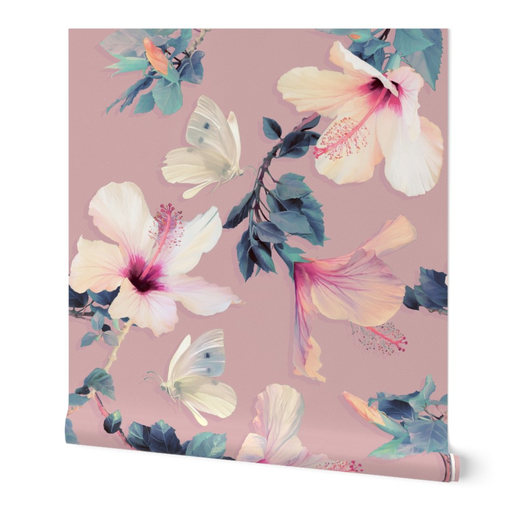 Butterflies and Hibiscus Flowers on vintage pink - small print