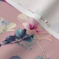 Butterflies and Hibiscus Flowers on vintage pink - small print