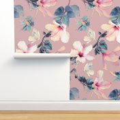 Butterflies and Hibiscus Flowers on vintage pink - small print