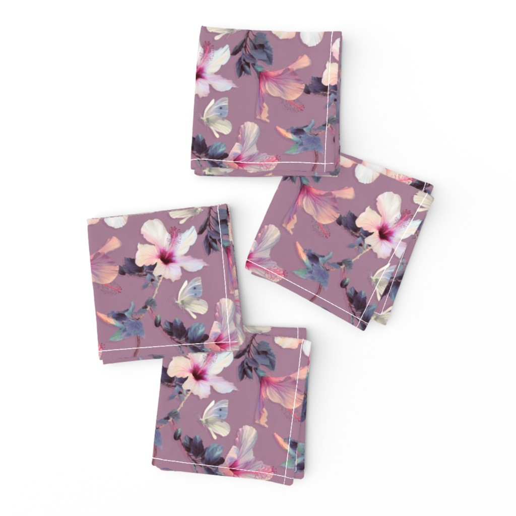 Butterflies and Hibiscus Flowers on soft plum - small print