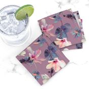 Butterflies and Hibiscus Flowers on soft plum - small print
