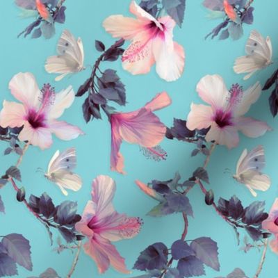 Butterflies and Hibiscus Flowers on blue - small print