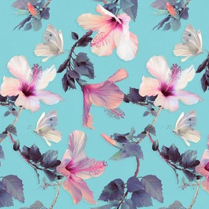 Butterflies and Hibiscus Flowers on blue - small print