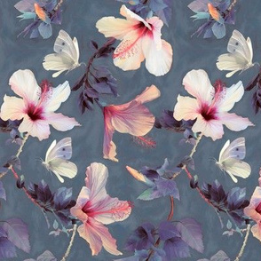 Butterflies and Hibiscus Flowers - a painted pattern - small print
