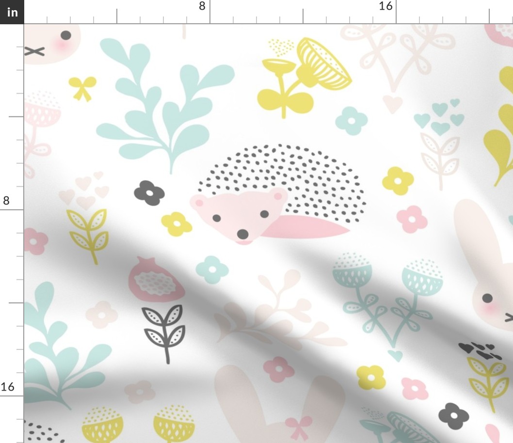 Adorable spring blossom flower garden easter bunny and hedgehog illustration print for little girls jumbo