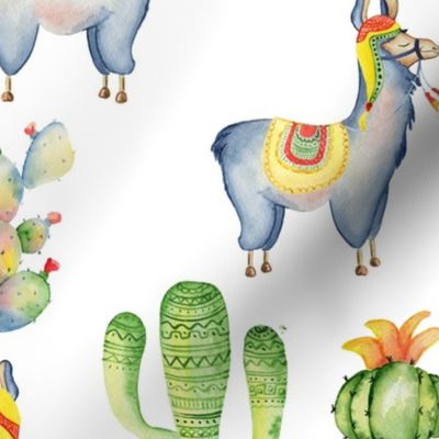 Watercolor llamas and cactus