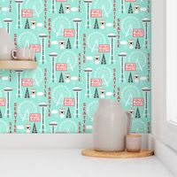 seattle tourist washington state vacation space needle america fabric light blue