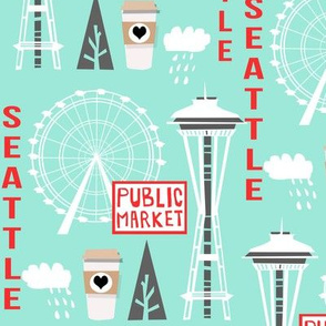 seattle tourist washington state vacation space needle america fabric light blue