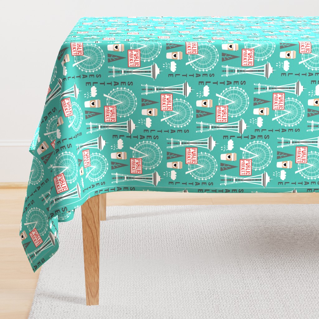 seattle tourist washington state vacation space needle america fabric teal