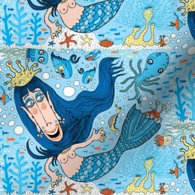 quirky mermaid with sea friends, blue yellow orange peach, large scale