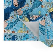 quirky mermaid with sea friends, blue yellow orange peach, large scale