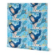 quirky mermaid with sea friends, blue yellow orange peach, large scale