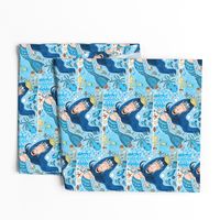 quirky mermaid with sea friends, blue yellow orange peach, large scale