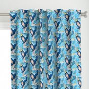 quirky mermaid with sea friends, blue yellow orange peach, large scale