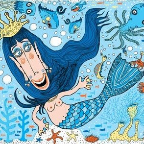 quirky mermaid with sea friends, blue yellow orange peach, large scale
