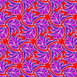 Windswept Sponge Painted Tropical Leaves in Red Purple and Blue