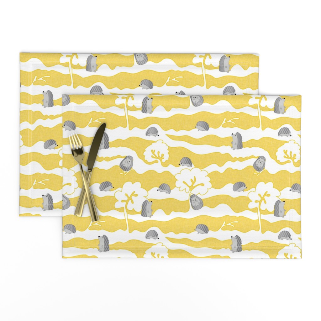 hedges with hogs - hedghogs in grey on yellow crosshatch