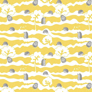 hedges with hogs - hedghogs in grey on yellow crosshatch