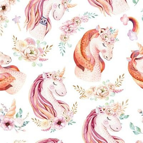 Cute watercolor unicorn seamless pattern with flowers. Nursery magic unicorn patterns 