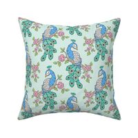 Peacock Bird with Flowers on Mint Green