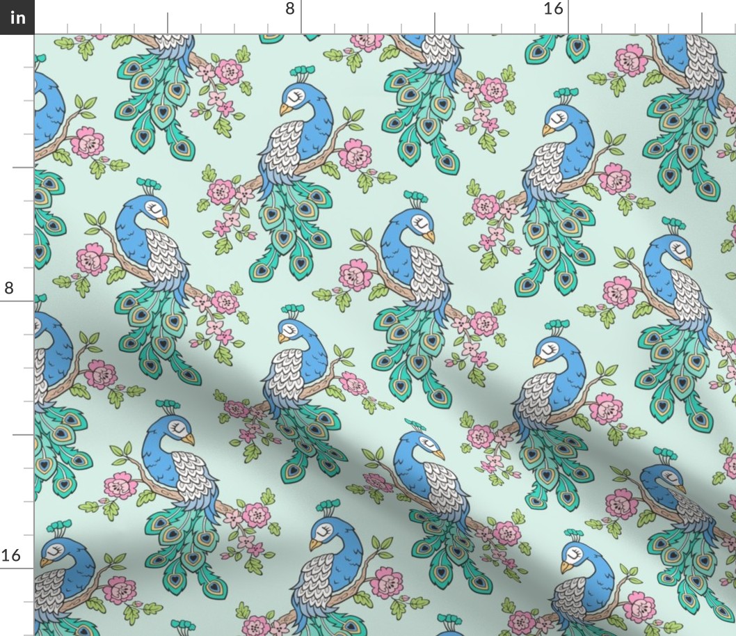 Peacock Bird with Flowers on Mint Green