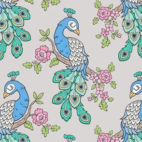 Peacock Bird with Flowers on Light Grey