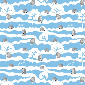 hedges with hogs - hedgehogs in grey on blue crosshatch