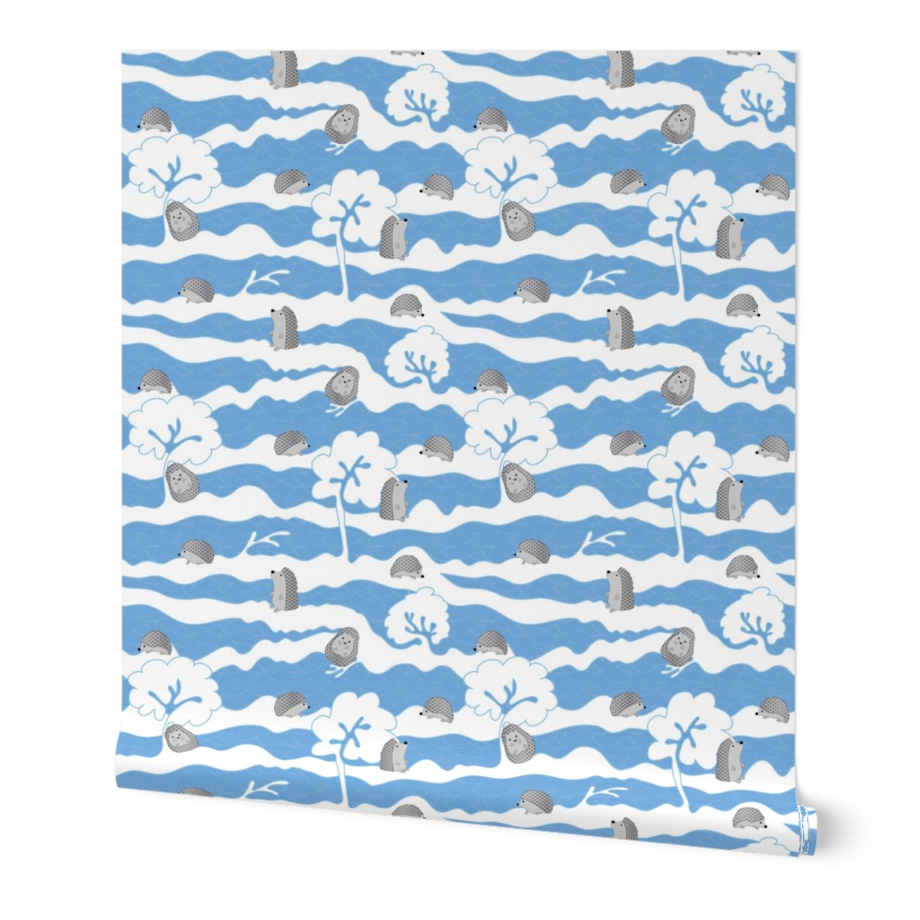 hedges with hogs - hedgehogs in grey on blue dots