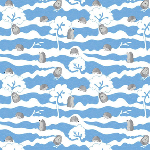 hedges with hogs - hedgehogs in grey on blue dots