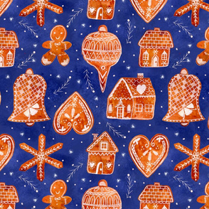 Gingerbread cookies on dark blue