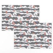 hedges with hogs - hedgehogs in pinkish red on grey